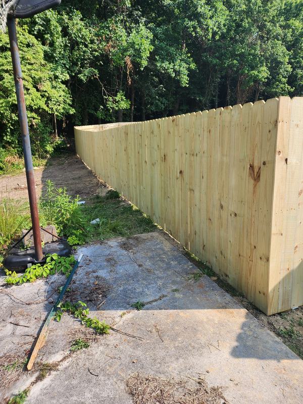 Tall wood privacy fence running along a concrete driveway